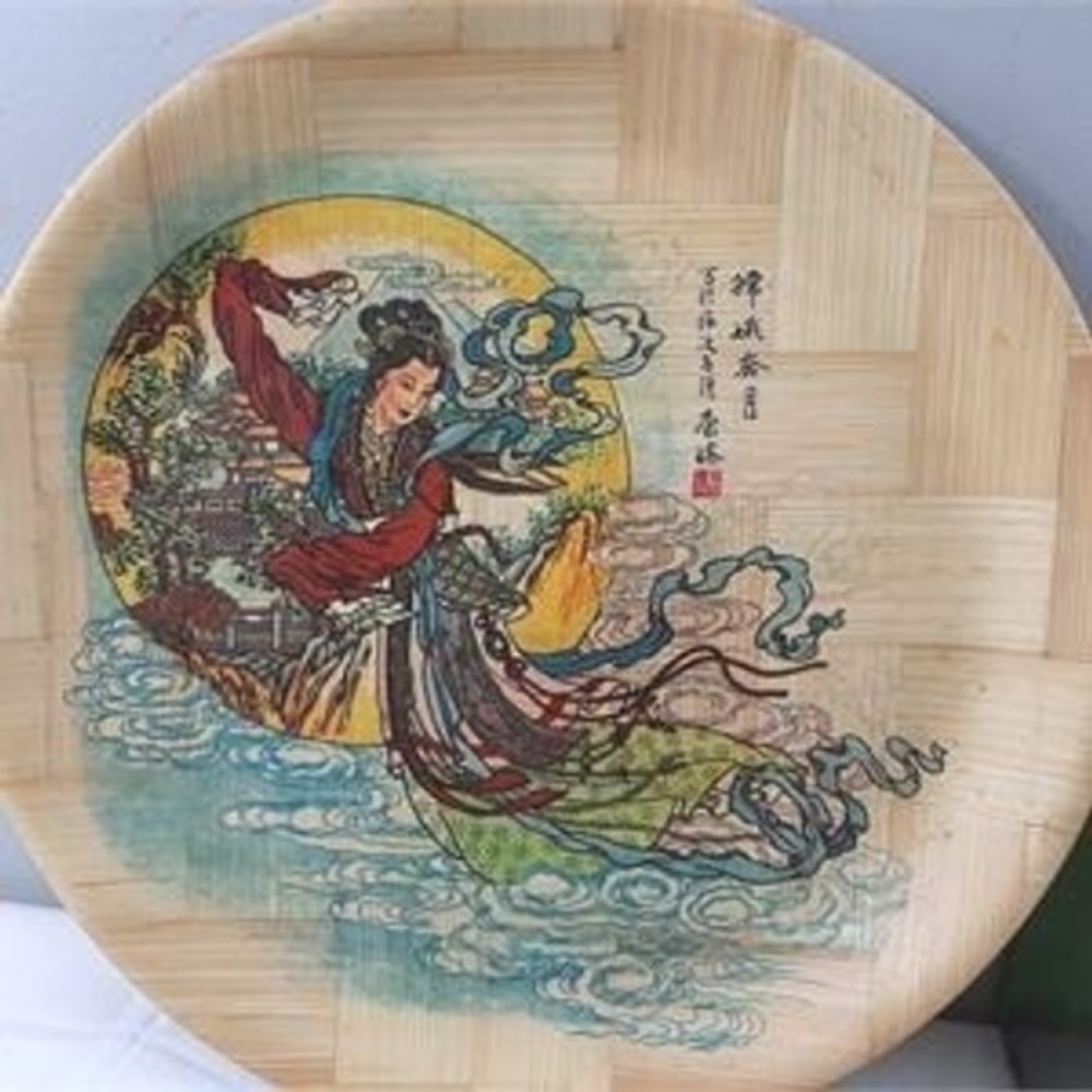 Vintage Bamboo Serving Plate Chinese Goddess Celestial Maiden Made in Taiwan